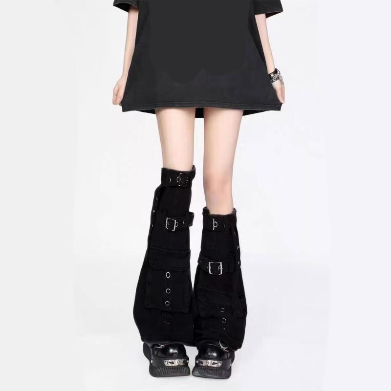 Womens Punk Denims Flared Leg Warmers Eyelets Buckled Strap Pocketed Cargo Boot Cover Over Knee Stockings Streetwear