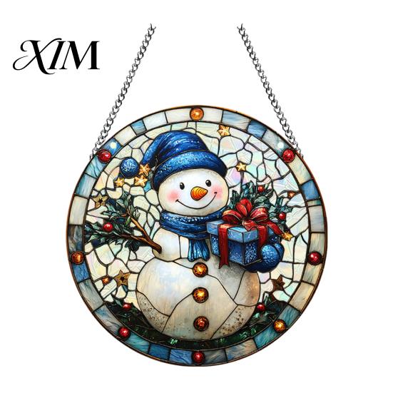 Durable Acrylic Holiday Signage Christmas 2D Hanging Ornaments, Stained Glass Style Snowman Santa Snowflake Colorful Window Decorations Hanger