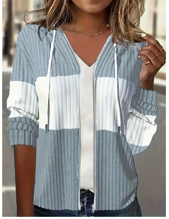 Women's Olive Green Ribbed Zip Hoodie, White Contrast Stripe, Drawstring Hood