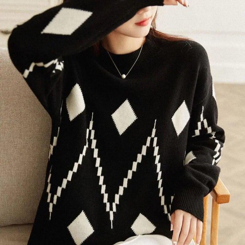 Žakárový svetr s diamantovým žebříčkem dámský svetr 2022 nový svetr s kulatým výstřihem stažený svetr s dlouhým rukávem spodní svetr dámská