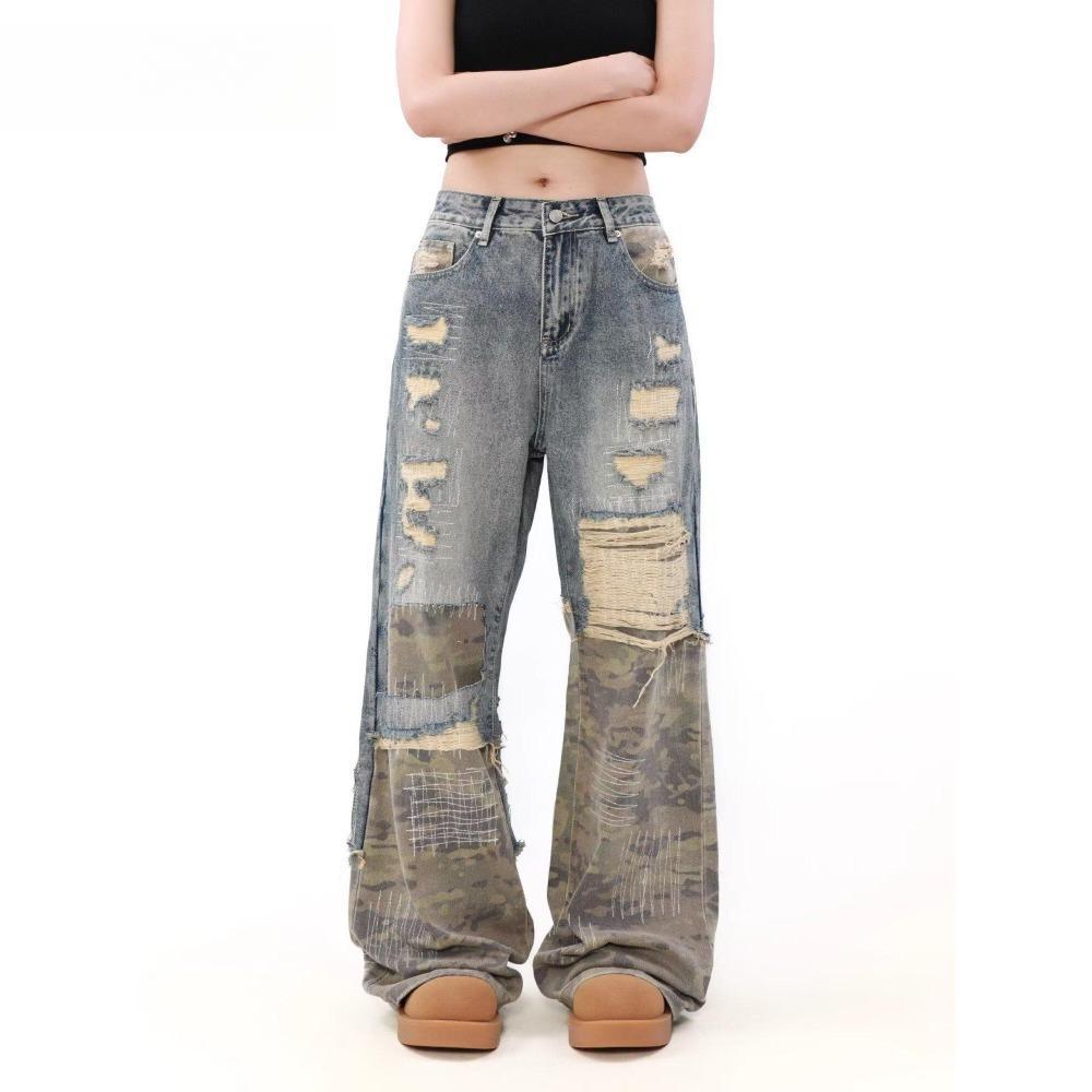 ZYLLO Damen Retro Blaue Splicing Ripped Jeans Y2K Camouflage Japanischer Harajuku Streetwear 2000er Stil Weitbein Hosen Jeans Kleidung