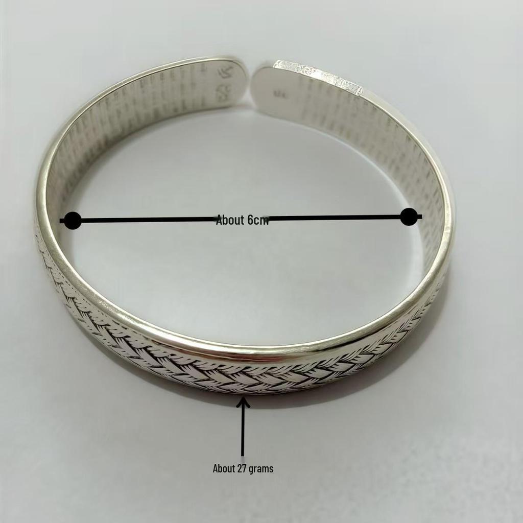 Silver-Plated Heart Sutra Mesh Bracelet - Romantic Couple's Open Bangle with Woven Design