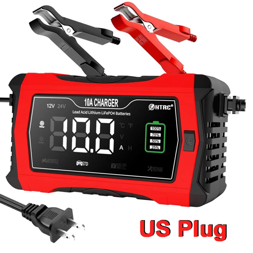 

HTRC 10A автомобильное зарядное устройство для мотоциклетных аккумуляторов 12 В/24 В/14,6 В для литиевых свинцово-кислотных аккумуляторов LiFePO4 AGM GEL автоматическая зарядка лития