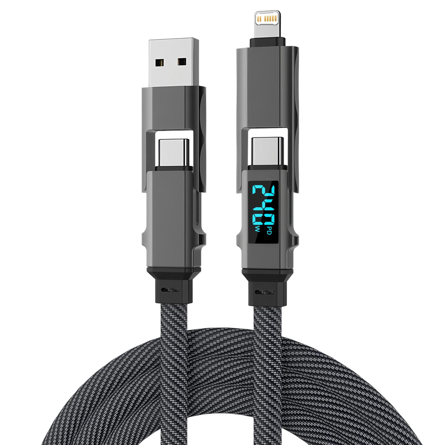 

240 Вт 4-в-1 Кабель для передачи данных Супербыстрая зарядка USB на Type-C USB C на Lighting Со светодиодом Для iPhone16 15 14 XIAOMI HUAWEI чёрный