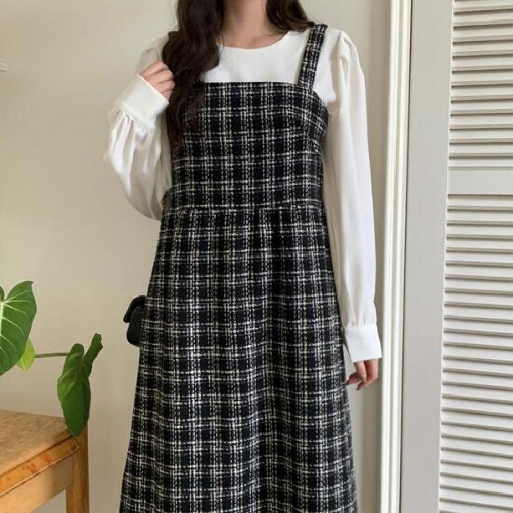 New Arrivals Open Run Women Winter Flare Long Dress Tweed Check