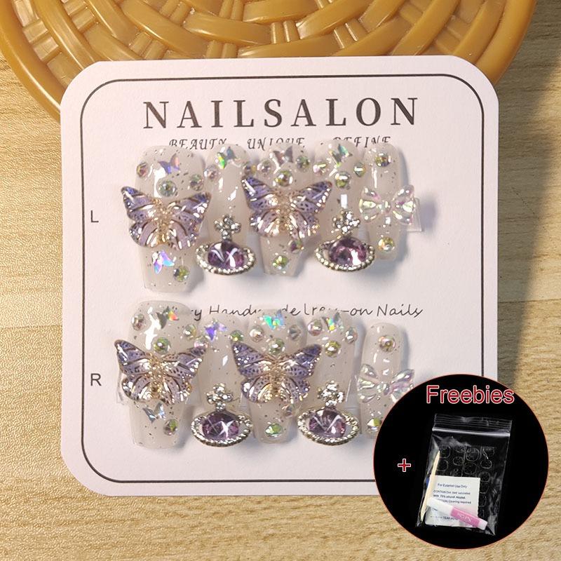 

100% ручной работы в форме гроба, трапециевидный набор накладных ногтей с клеем, художественный свет, роскошный фиолетовый мигающий 3D градиент, бабочка, Аврора, планета, ногти, многоразовые L