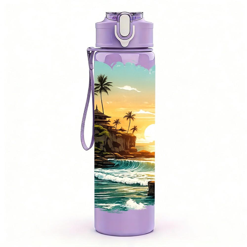 1PC Ocean Coast Sunrise Scenery Pattern 750ml Color Plastic Sports Water Bottle Leakproof Flip Straw Lid Suitable for Sports Office Home Use