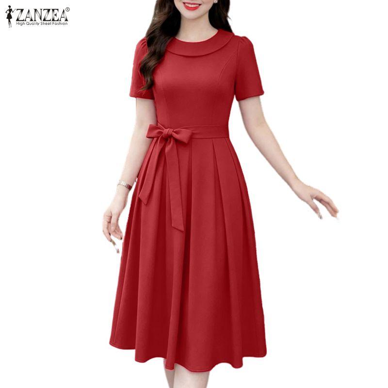 ZANZEA Damen Elegantes Rundhals Lässiges Kurzarmkleid