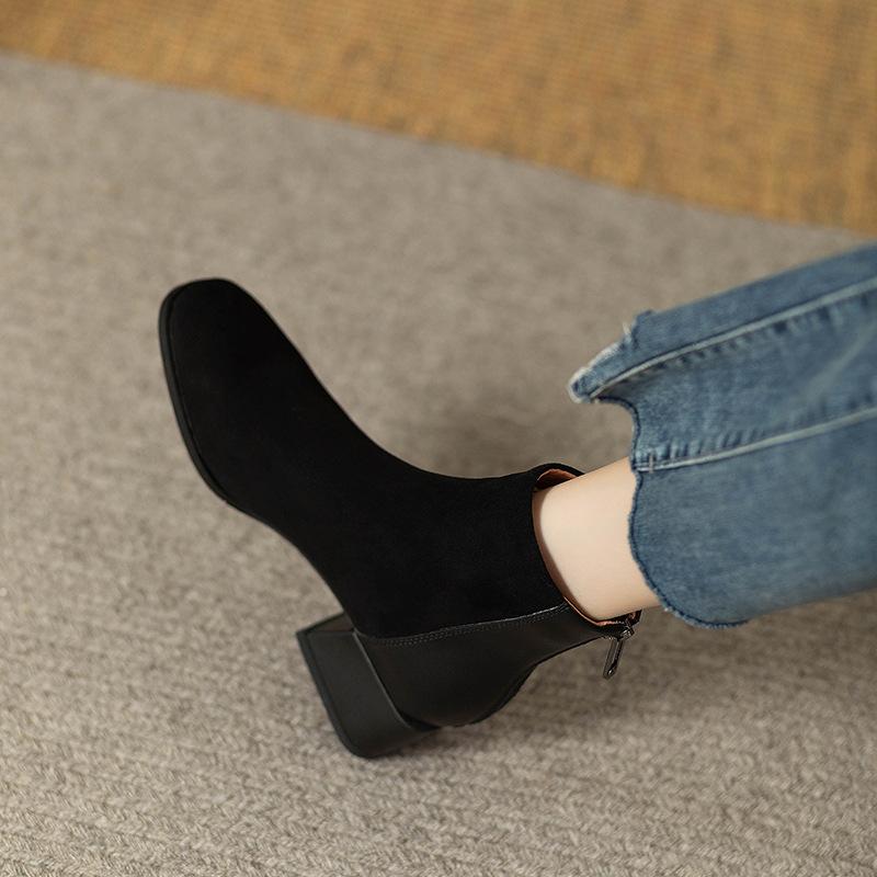 Vintage Chelsea Boots Women's Suede 2025 New Thick Heel Small Short Boots Rear Zipper Matte Splicing Single Boots