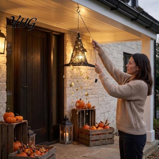 Decorazione Luminosa per Veranda, Cappello da Strega Appeso con Campanellino, Ornamento LED di Halloween con Luci Luminose e Nappe a Stella, Luce Magica per Portico