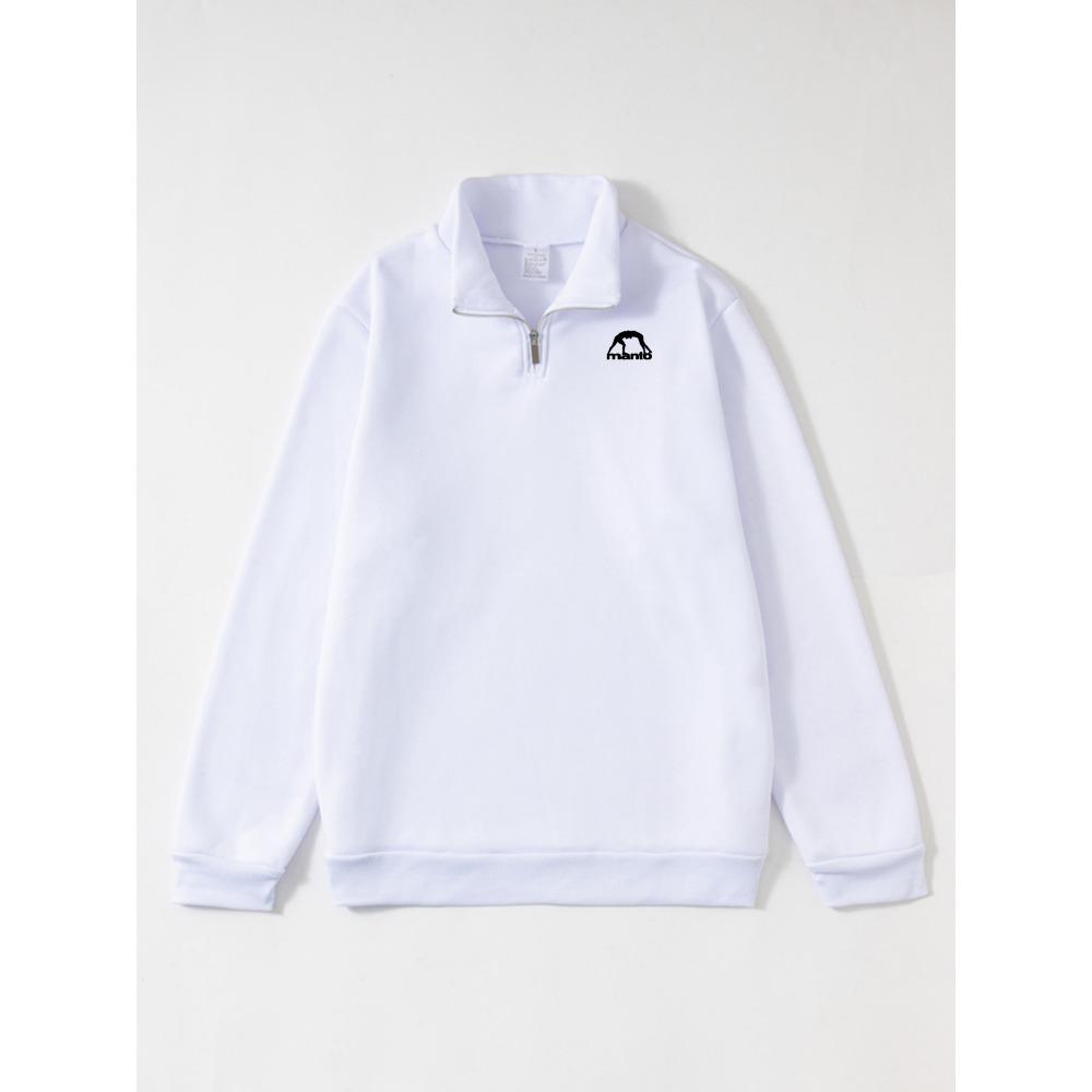 Men's White Manto Print Round Neck Half Zip Sportswear Loose Casual Sweater Urban Style Autumn and Winter Street Casual Wear