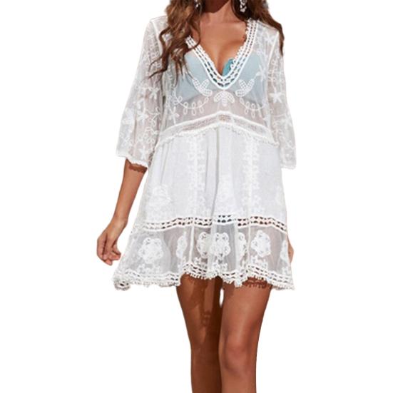 Swimsuit Cover Up Solid Color Deep V Neck Lace Quick Dry Swimwear