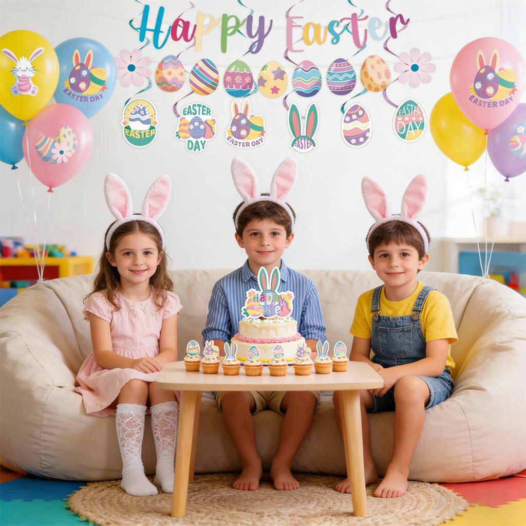 50 STÜCK Osterparty-Dekorationen, HAPPY EASTER Dekoration Osterparty-Dekorationsset Ei Hase Banner Kuchenaufsätze Osterparty-Zubehör