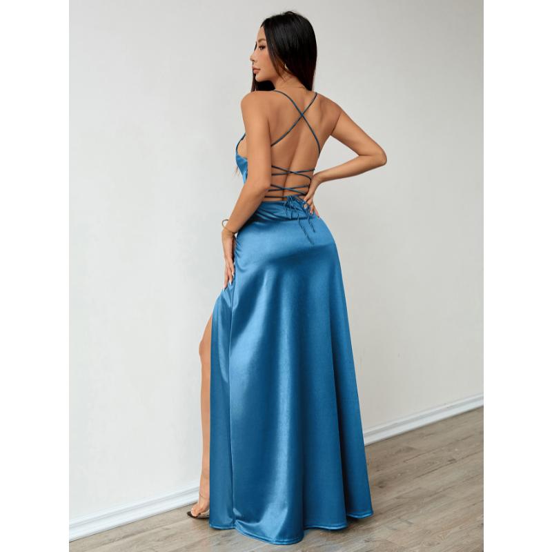 Abito Maxi da Donna in Raso con Spalline Sottili Scollo a V Profondo Spacco Alto sulla Coscia Elegante Abito da Sera Festa Cocktail Ballo di Fine Anno Ospite di Matrimonio Abito Formale