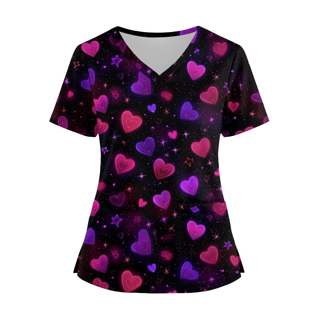 Damenmode V-Ausschnitt Kurzarm Overalls mit Taschen Print Tops Kleidung