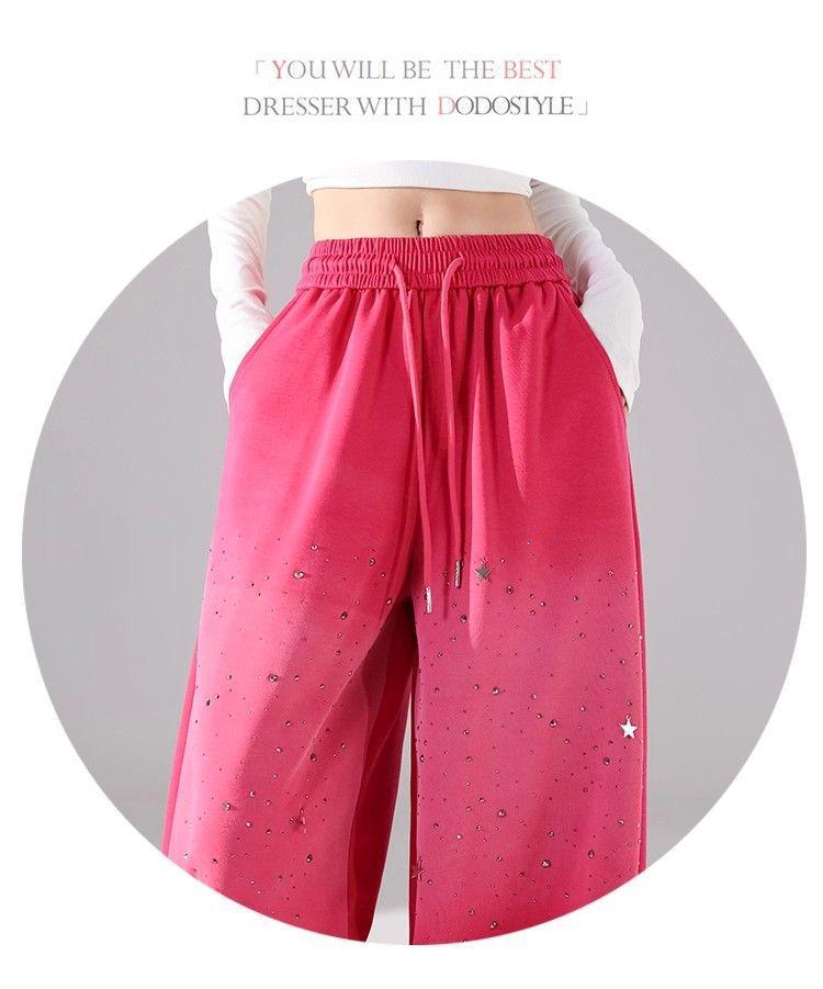 Pantalones de chándal para mujer con plátano y strass degradado - Cintura elástica Otoño/Invierno Pantalones casuales de pierna ancha