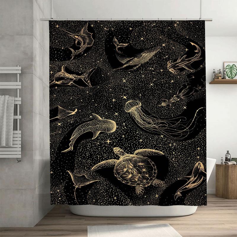 

Gold Starry Sea Life Print Shower Curtain Ocean Creatures Decor For Bathroom Black Gold Theme With Dolphins Whales Sharks Jellyf W60H190(CM)-1 Pcs
