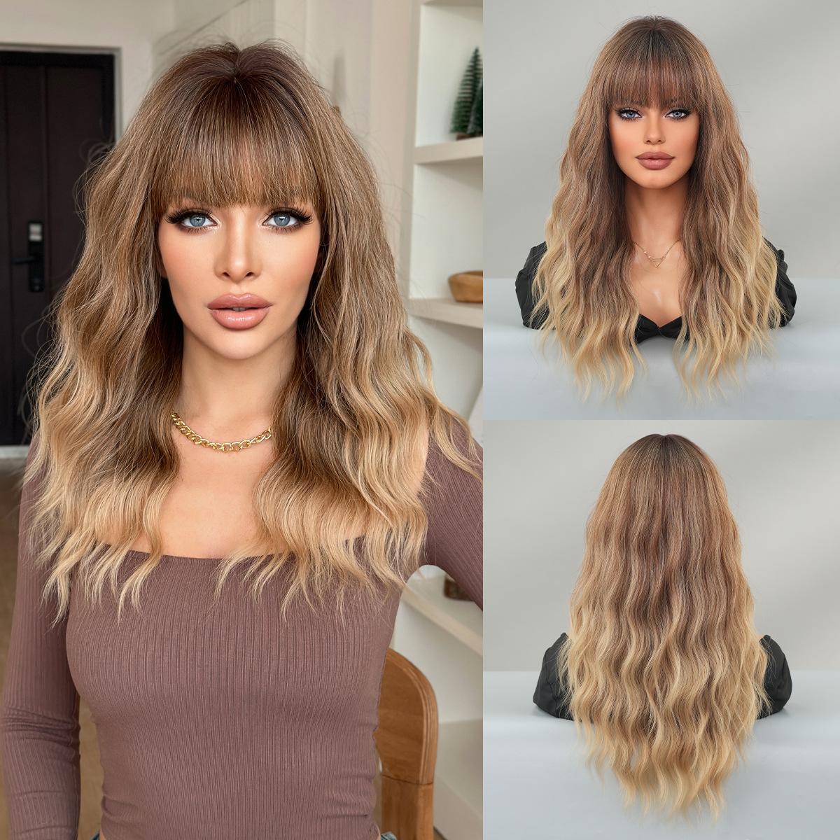 

2025 Новый европейско-американский градиентный коричневый средней длины волнистый парик - Полная челка с дизайном, имитирующим рост волос, натуральный стиль полной шапочки, 5 цветов в наличии 57cm 22.44 Inch светло-коричневого