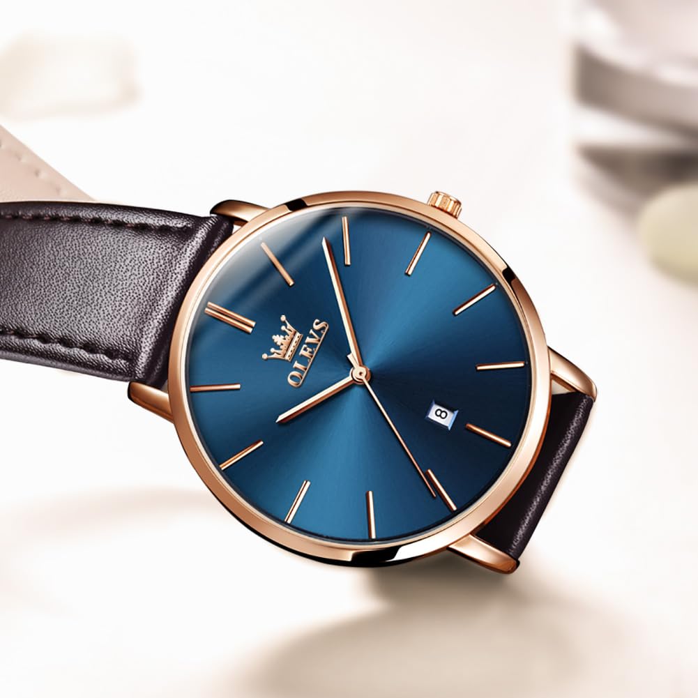 OLEVS Montre pour homme 40 mm Boîtier fin Affichage de la date Étanche 30 m Bracelet style cuir Business Casual Options multicolores Légère 35 g Montre de mode