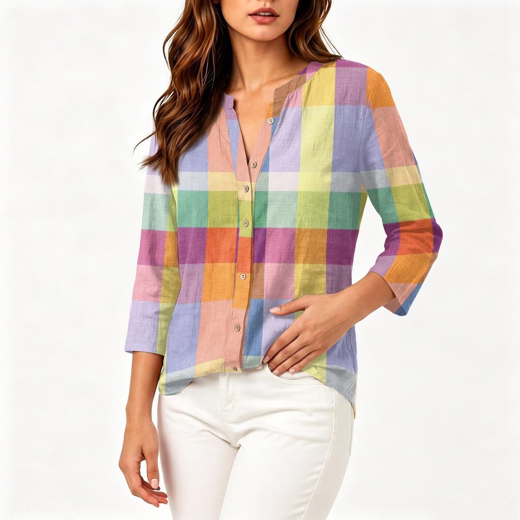 Women's Fashion Cotton Linen Printed 3/4 Sleeve Button Shirt for Casual Wear