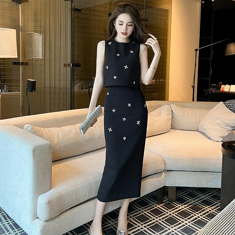 GMXIA Set de modă Fusta de vară Vestă cu diamante încrustate Top Fusta cu talie înaltă Set din două piese