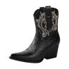Chunky Heel Pointed Toe Women's Cowboy Boots Fashionable Casual Embroidered Retro Side Wide Calf Knee High Boots for Women Tan