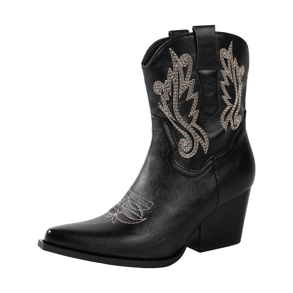 Chunky Heel Pointed Toe Women's Cowboy Boots Fashionable Casual Embroidered Retro Side Wide Calf Knee High Boots for Women Tan