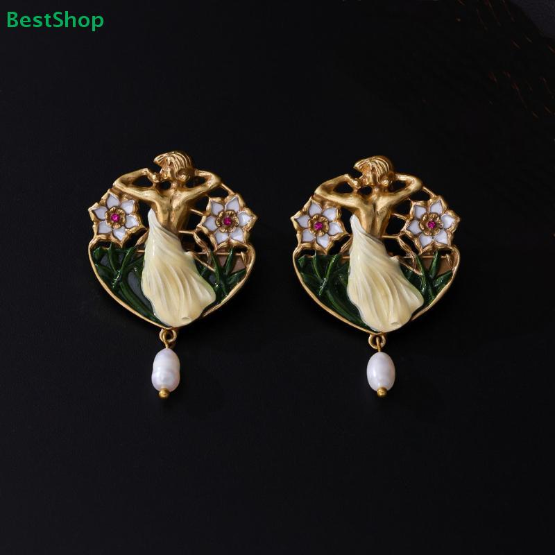 Vintage Art Nouveau Dancer Earrings – Enamel Floral Design with Freshwater Pearl Drop for Women