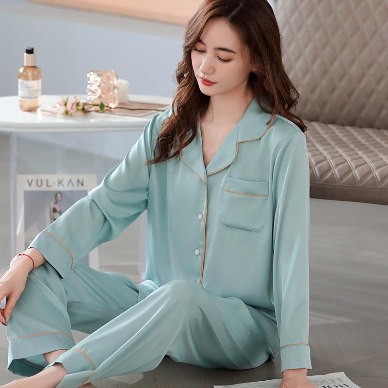 Women's Silky Purple Ice Silk Pajamas Set - Long-Sleeved Cardigan and Pants