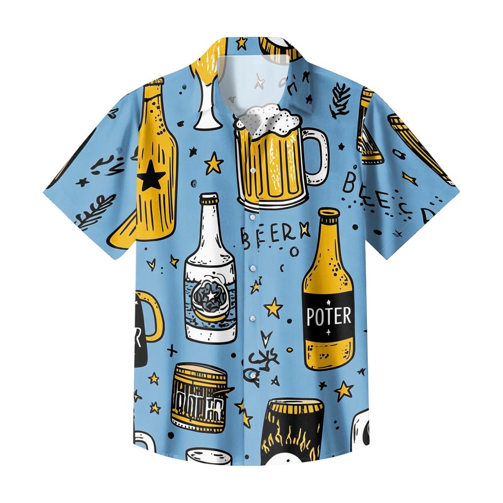 Camicia da Uomo Casual a Maniche Corte con Bottoni, Vestibilità Larga, Stampa Festival della Birra, Tessuto Leggero e Traspirante, Stile Estivo