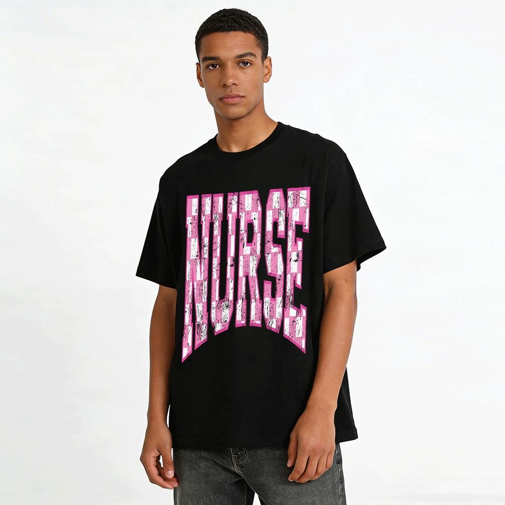 Vintage Pink Checkerboard Nurse Print Casual Tee for Medical Workers Pure cotton T-shirt