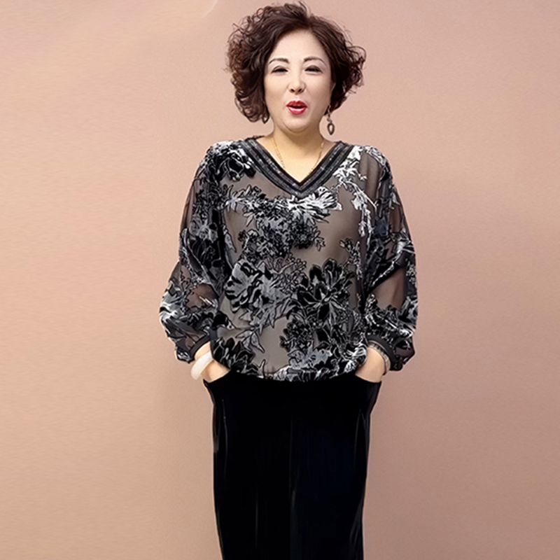 2PCS Pants Suts Spring Summer High-end Women's Velvet Plus-Size Silk Blouse Velvet Pants Two-Piece Set Loose Flocked Printed Blouse Velvet Pants Set