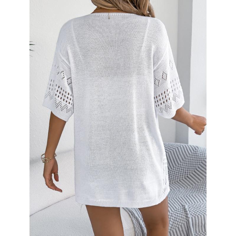 Women Solid Hollow Out Five Quarter Sleeve Knit Open Cardigan Casual Vacation Thin Outerwear