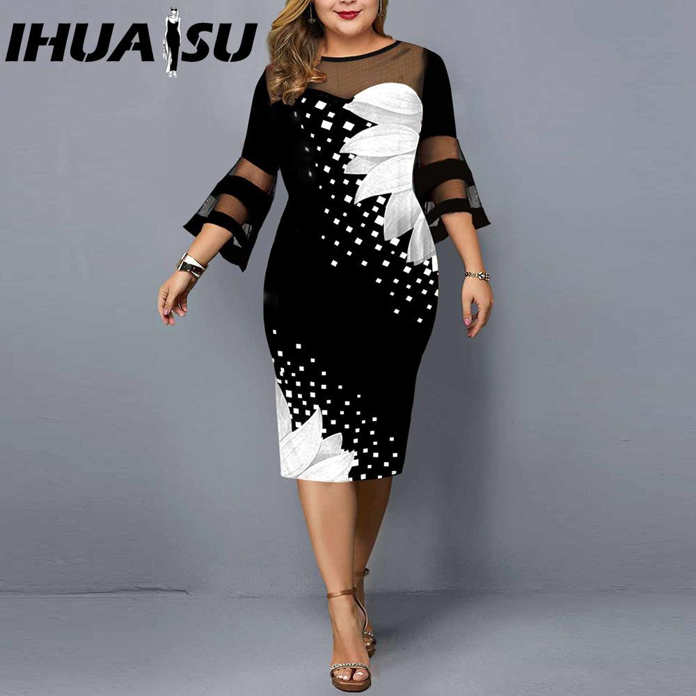 

IHUASU Женское облегающее платье миди с цифровым принтом, сетчатой вставкой, элегантное, приталенное, с рукавами-фонариками, свадебное платье для вечеринки XXXL белый