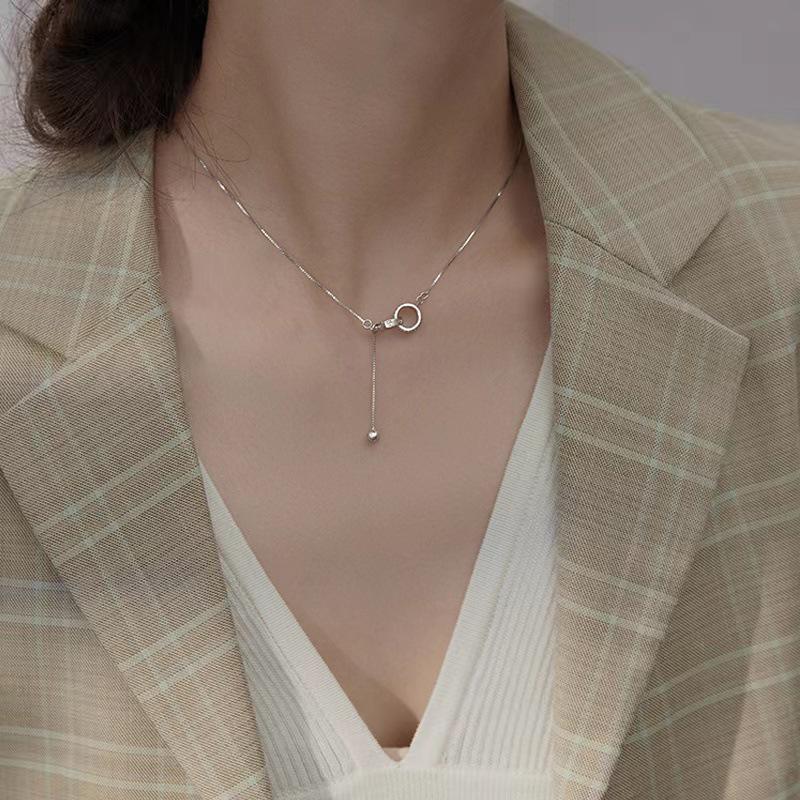 Women's Double Ring Zirconia Pendant Necklace with Gold Beads – Tassel Design, Light Luxury, High-End Clavicle Chain