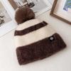 New Style Snow Label Beanie Hat Color Blocked Style Plush Fur Lined Pompoms Warm Winter Hat Fashion Y2k Beanie For Woman Girl