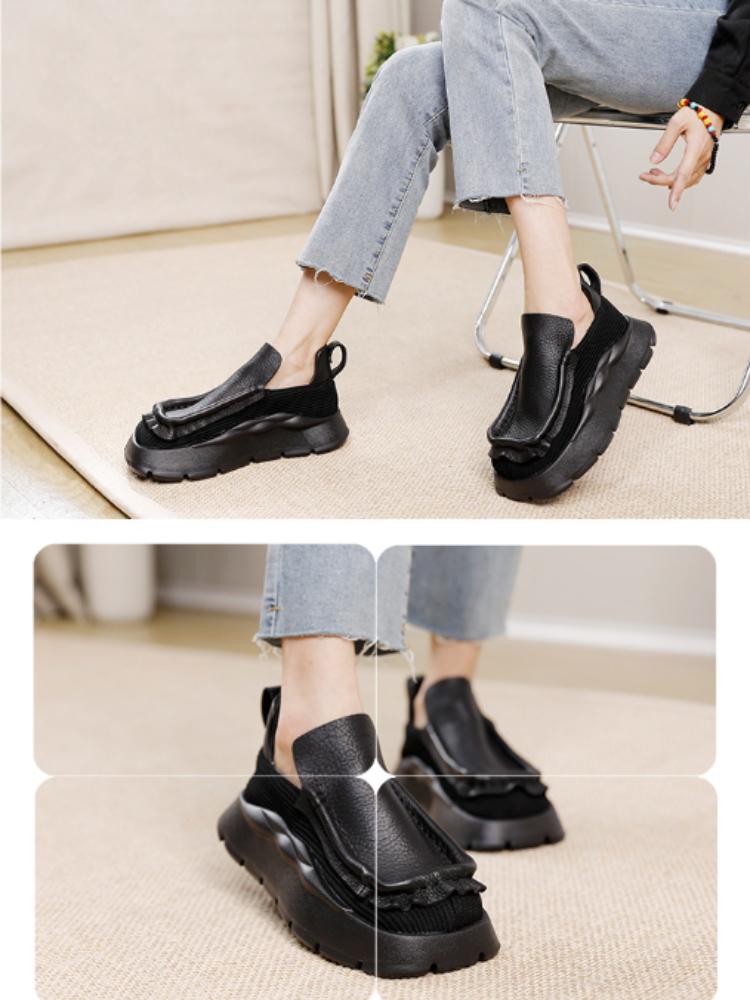 Johnature Vintage Flat Platform Shoes Women Handmade Round Toe Solid Color Comfortable Thick Sole Slip-on Shoes