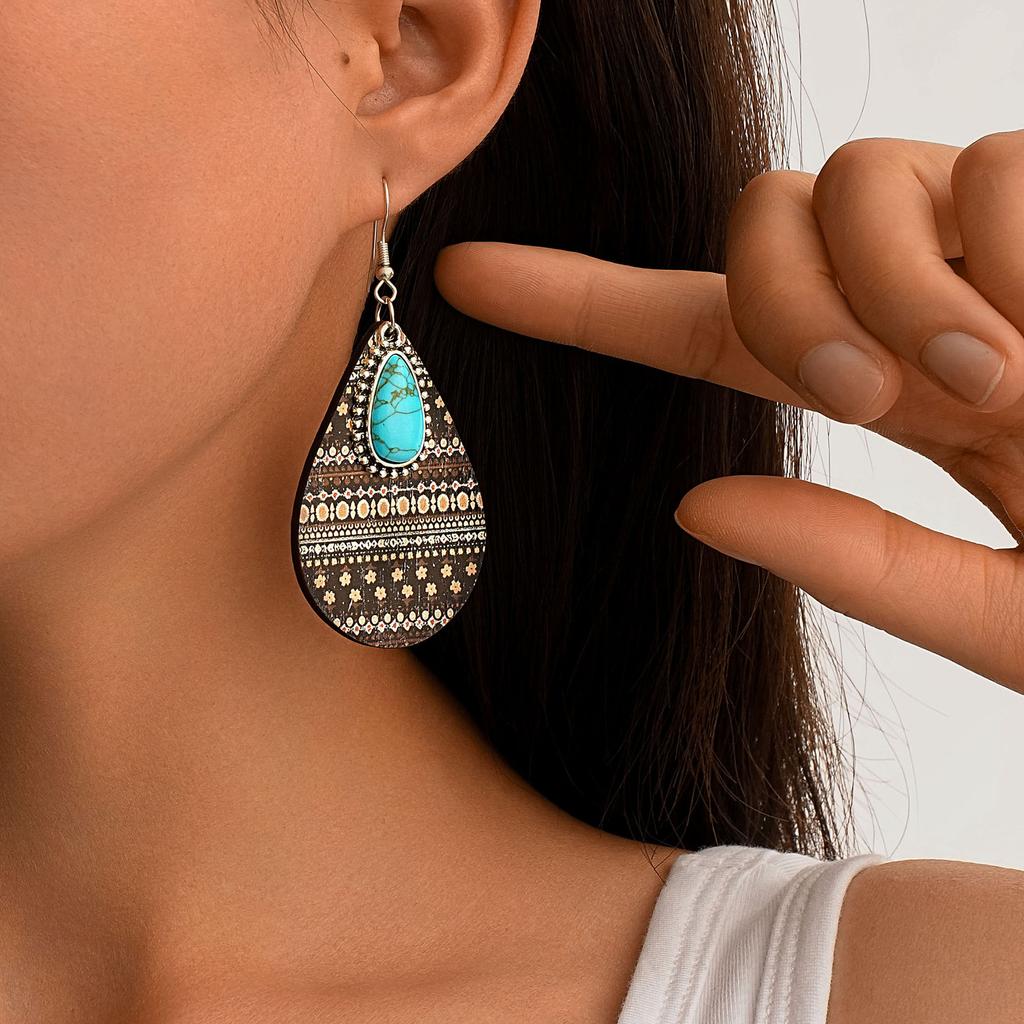 Eco-Friendly Earrings, Retro Water Drop-Shaped Wooden Earrings, Turquoise Earrings.