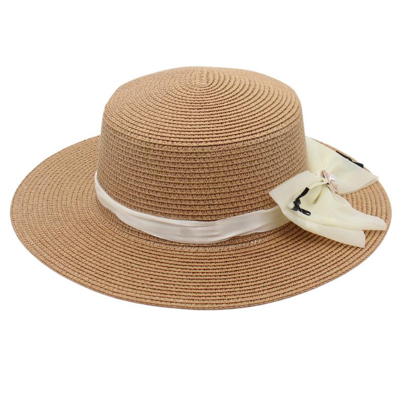 Flat Top Straw Hat Sun Hat Bow Big Eaves Straw Woven Bucket Hat Basin Hat Pearl Bucket Hat Mother Hat