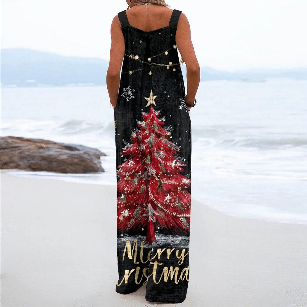 Women's Christmas Print Solid Wide Leg Strapless Tank Pocket Casual Onesie
