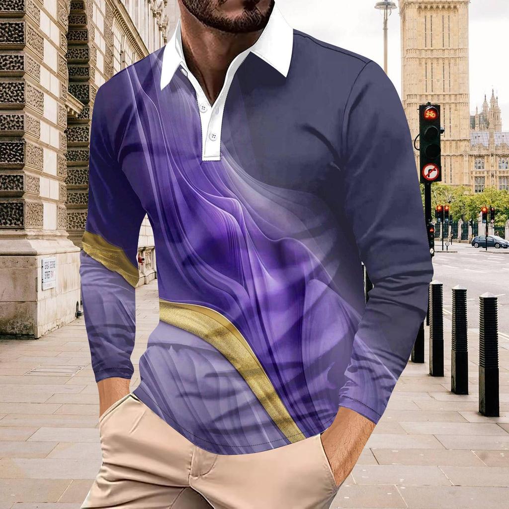 Colour Block Long Sleeve Button Down Top Sport Fitness Quick Dry Breathable Men's Polo Shirt