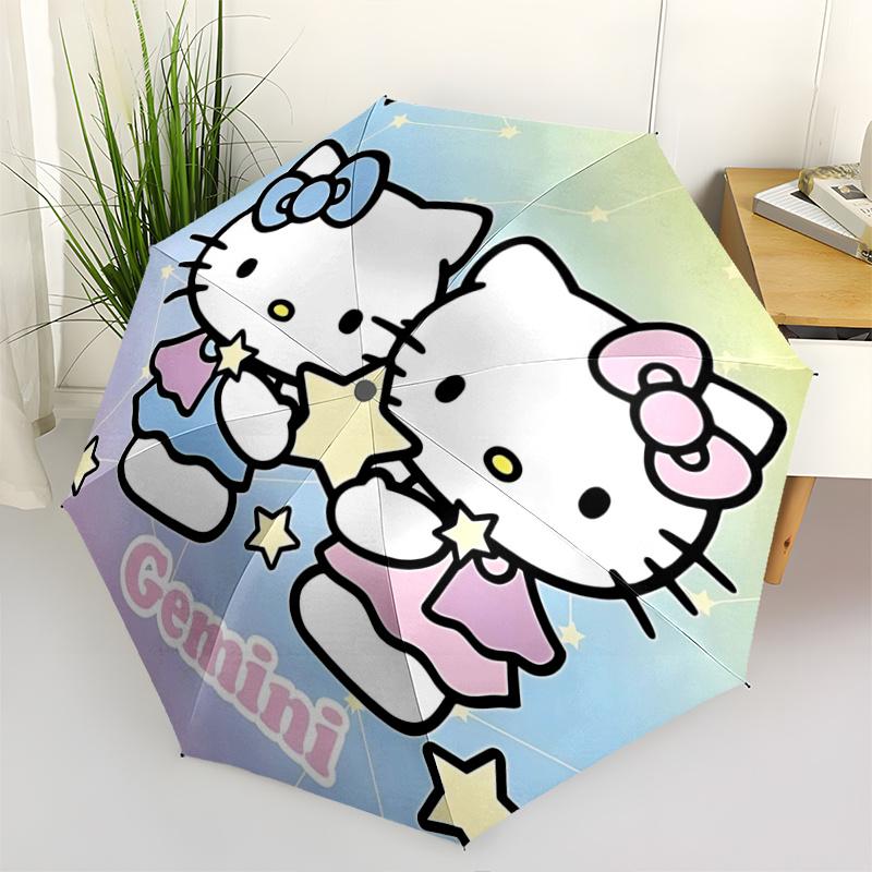 1pc Hello Kitty Gemini Zodiac Sign Automatic Folding Umbrella - Portable 3-Fold Design with Iron Frame - Outdoor for Fans, Travelers, Everyday Use - P