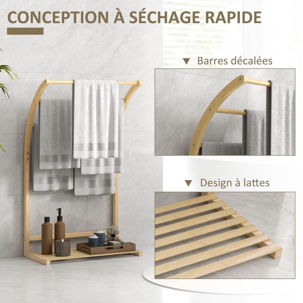 Bamboo Towel Rack 3 Bars With Storage Shelf For Bathroom And Laundry Natural Finish