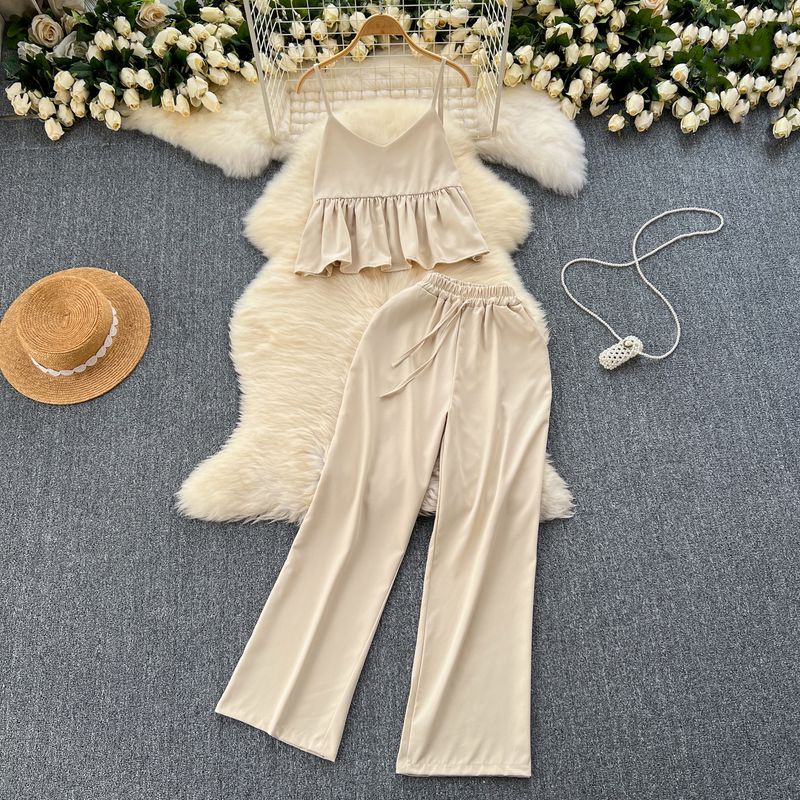 

Summer Wear Women s Korean Style Chic Niche Style Sweet Short Ruffled Spaghetti Straps Tops High Waist Loose Pants Two-piece Set Apricot color One size