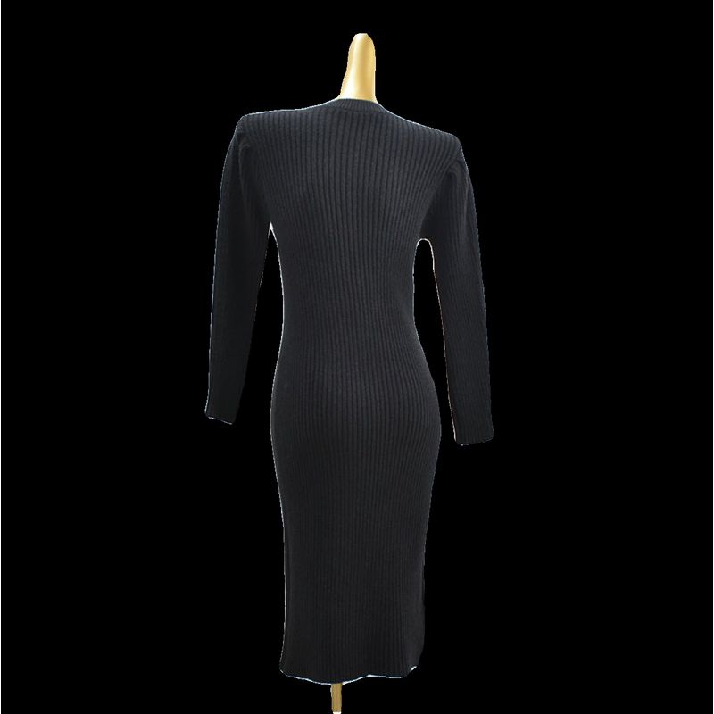 Autumn and Winter Thick Round Neck Pure Color Versatile Below the Knee Knitting Sweater Long Sleeve Front Slit Mid Length Long Length Dress