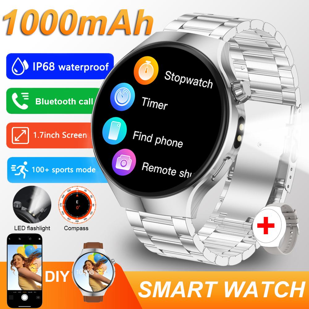 New 1000mAh battery Smart Watch 1.70" HD  Screen Flashlight GPS track Heart Rate BT Call Compass Smartwatch for Men