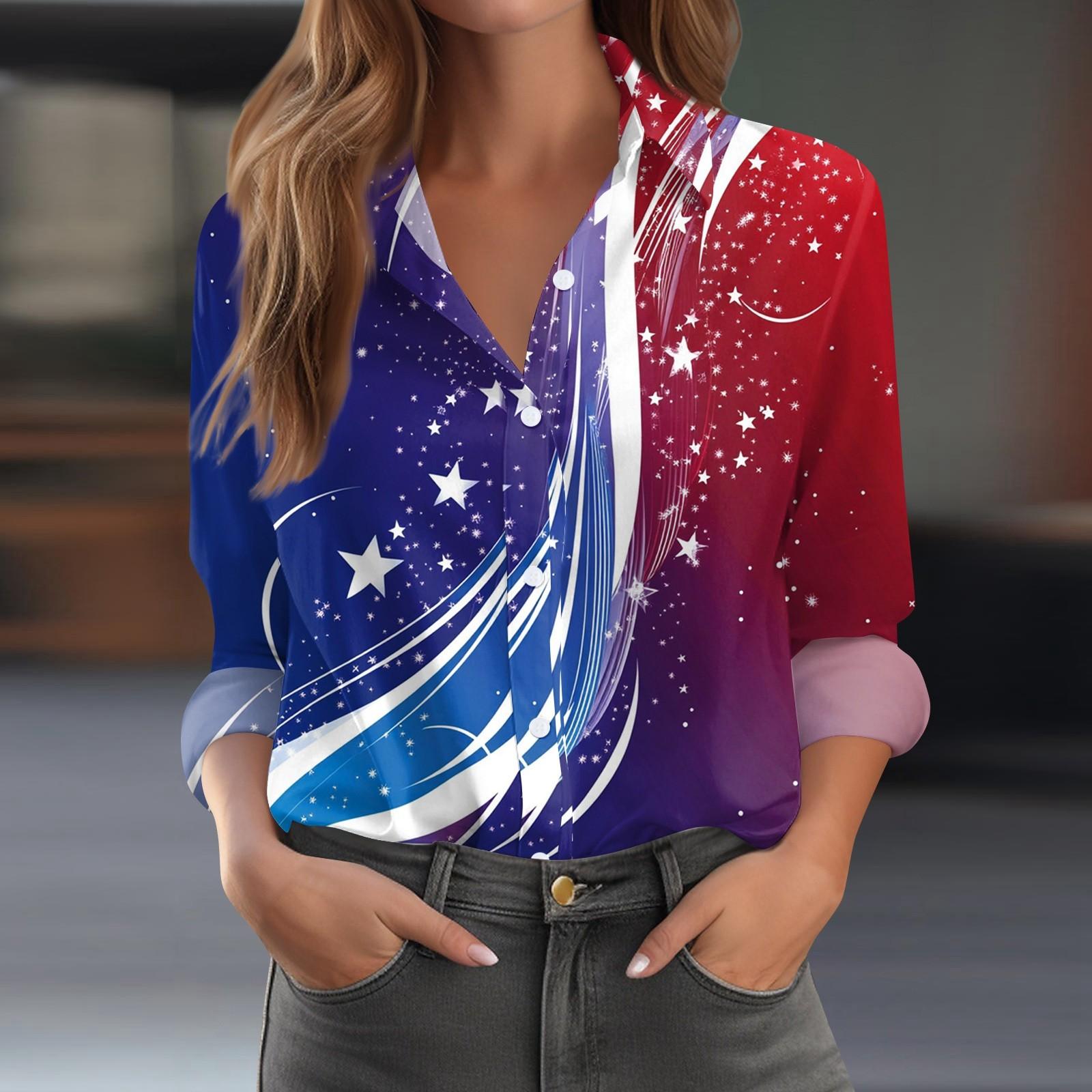 

Женская рубашка-блузка с принтом и пуговицами, длинный рукав, повседневный базовый рубашечный воротник, обычный топ M синий