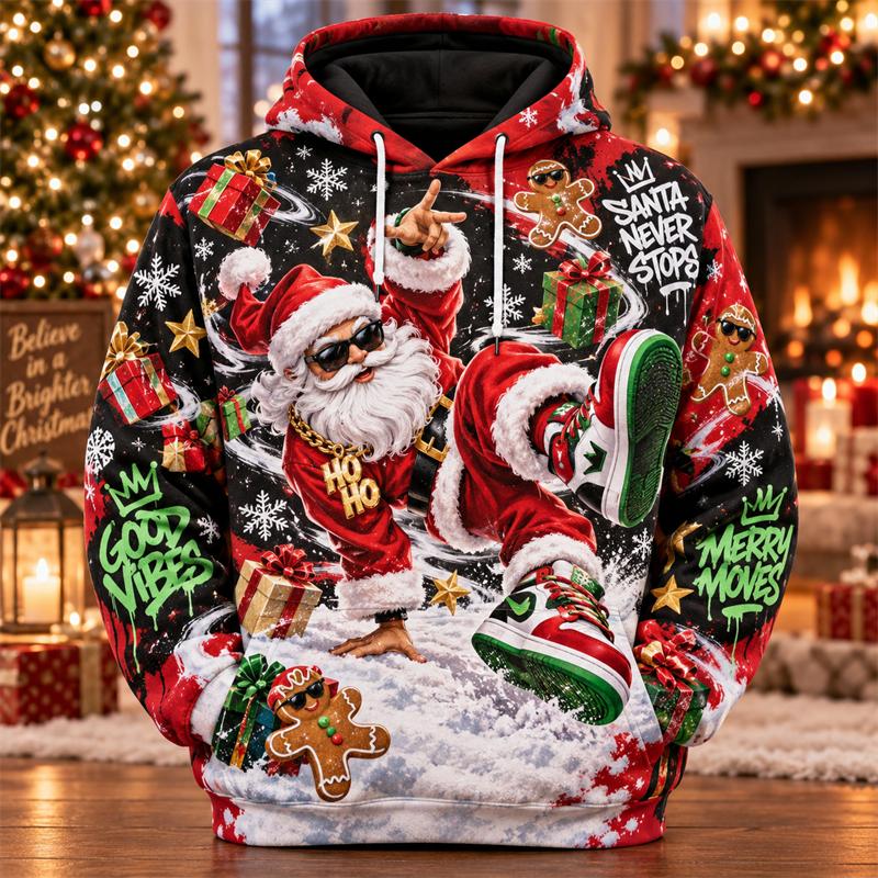 Komik Noel Baba Noel Kapüşonlu Sweatshirt 3D Baskı Snowboard Oyun Sıcak Kakao Ren Geyiği Şenlikli Kazak Tatil Partisi Kış Hediyesi