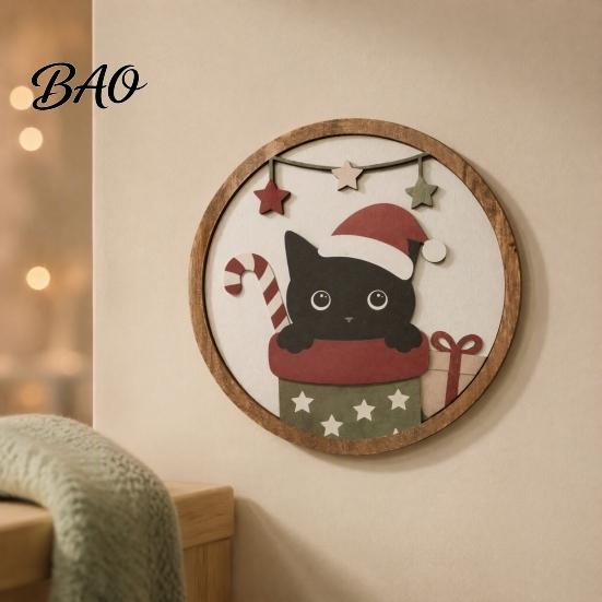 Creative Wall Layout Christmas Black Cat Decor, Layered Wooden Hanging Sign, Round 2D Art Decor Flat Decoration for Living Room Bedroom And Hall Porch