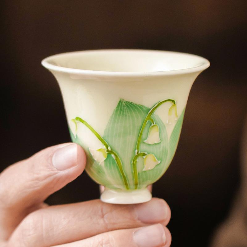 Hand Painted Lily of the Valley Ceramic Tea Cup Personal Master Cup Gongfu Tea Set for Tea Ceremony Home Use Aesthetic Gift